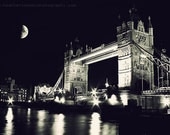 London Photo The Moon at night near Tower Bridge, London Olympics - Wall Decor - Black and White Fine Art Photography Gray Black