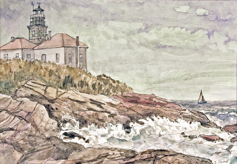 Fine art card set of five,  landscape painting of Beavertail Lighthouse  5.5 by 4.25 inches