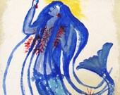 Original Art on Canvas- Blue Mermaid with red Coral  - No.3