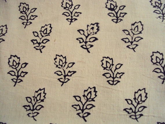 Beige Base With Black Motifs Block Print Cotton Fat Quarter India