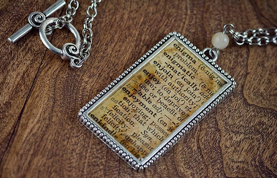 Dictionary Page Bezel Necklace with Yellow Jade