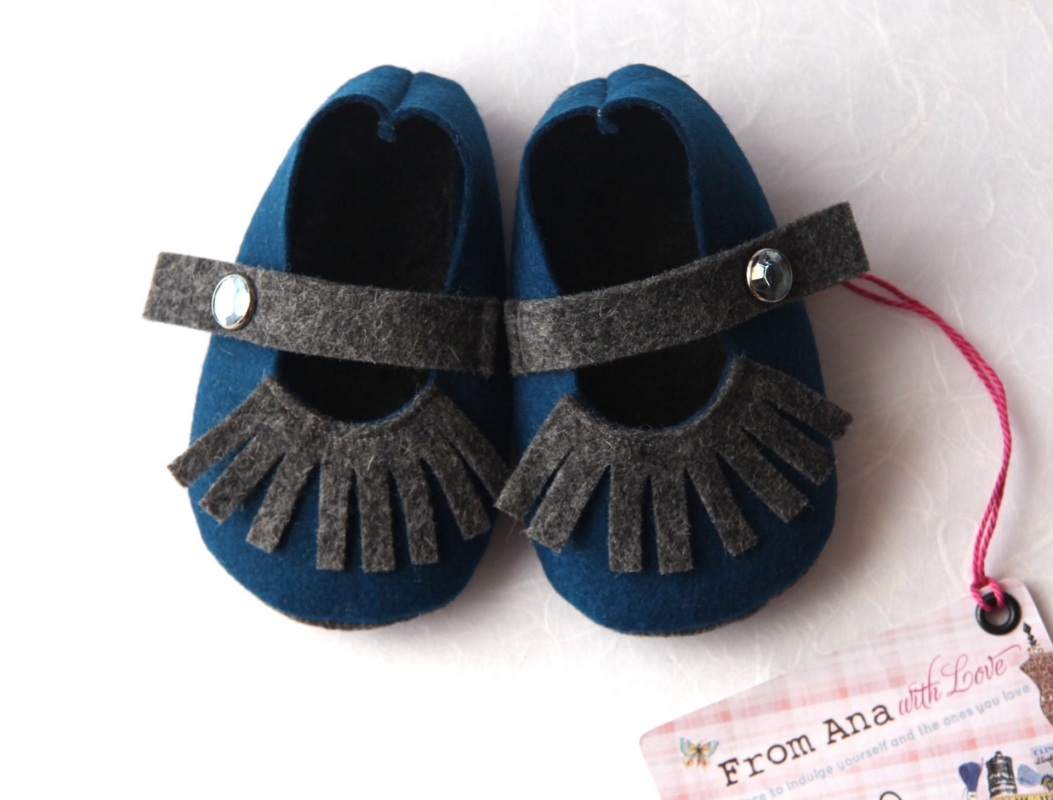 BABY FELT SHOES Girl - Newborn also available -100% Blue and Grey Wool Felt Mary Jane Style