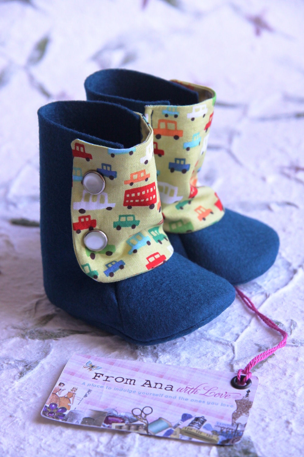 BABY BOOTIES SHOES - 100% Wool Felt - boy girl - Blue and Cars