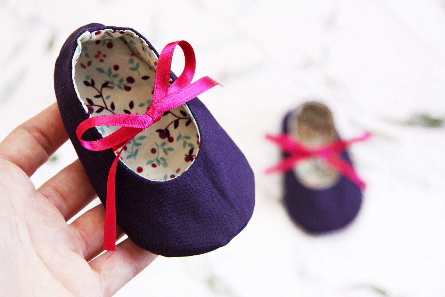 Baby girl shoes- Newborn also available - Burgundy Purple Pink Flowers - 100% Cotton Mary Jane style