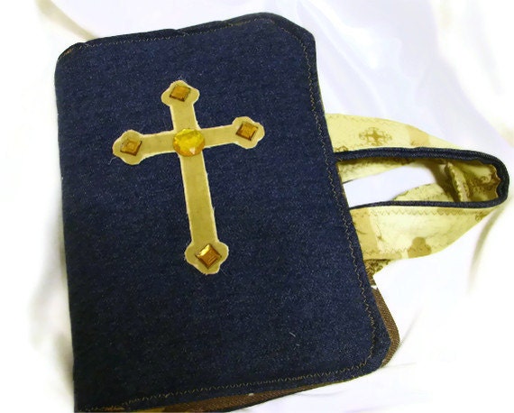 Denim Bible Cover / Cross/ Gold and Brown