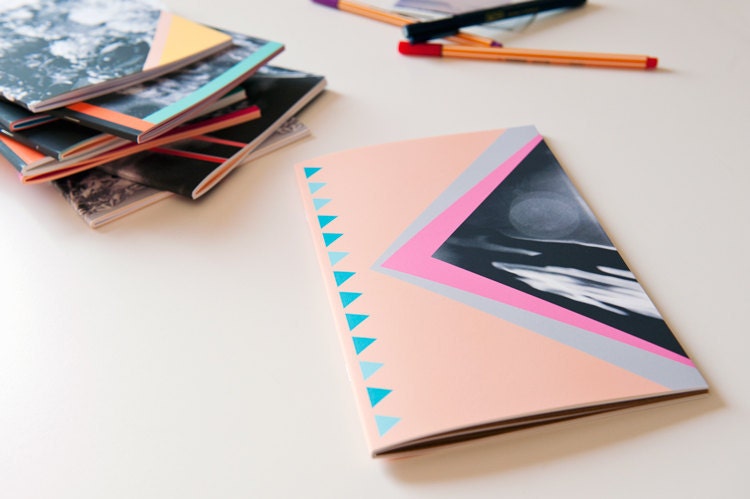 Notebook, A5 sized, peach and blue triangles, geometric shapes and photo cover, perfect bound