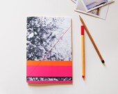 Notebook, A5 sized, pink and orange, geometric shapes and flower photo cover, perfect bound