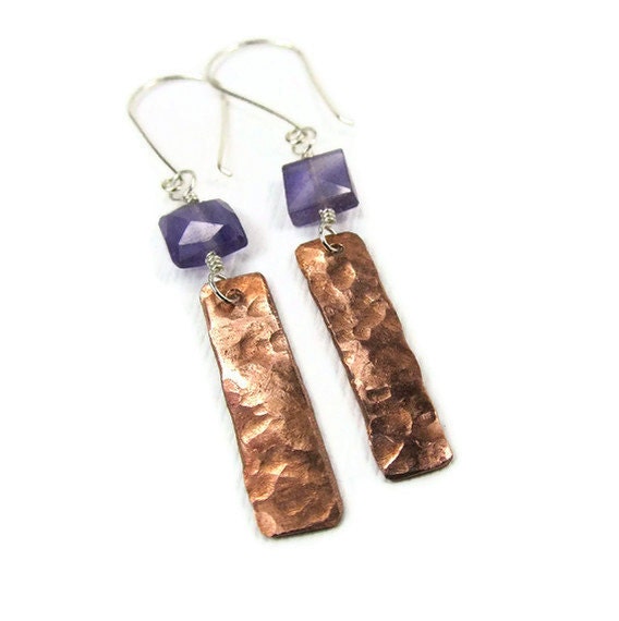 Purple Bohemian Earrings Long Mod Amethyst & Hammered Copper Earrings Violet Gemstone Jewelry