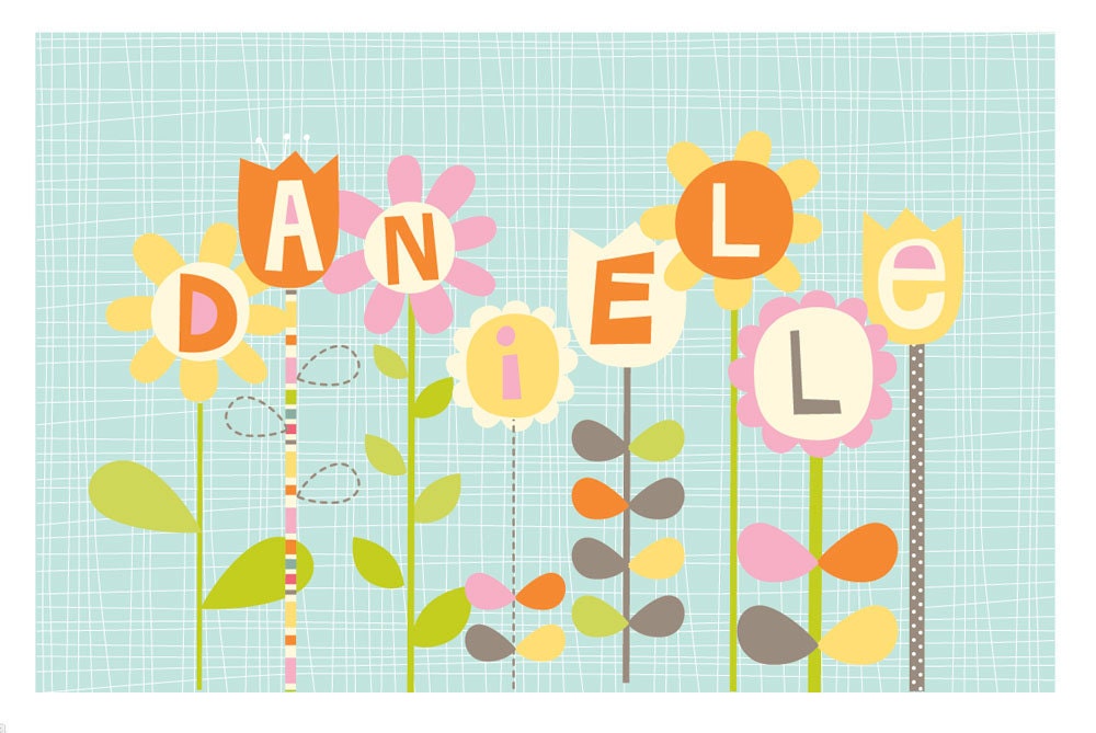 my name in flowers. 19" x 13" personalized print.  by Blue Bunny and Orange Nose