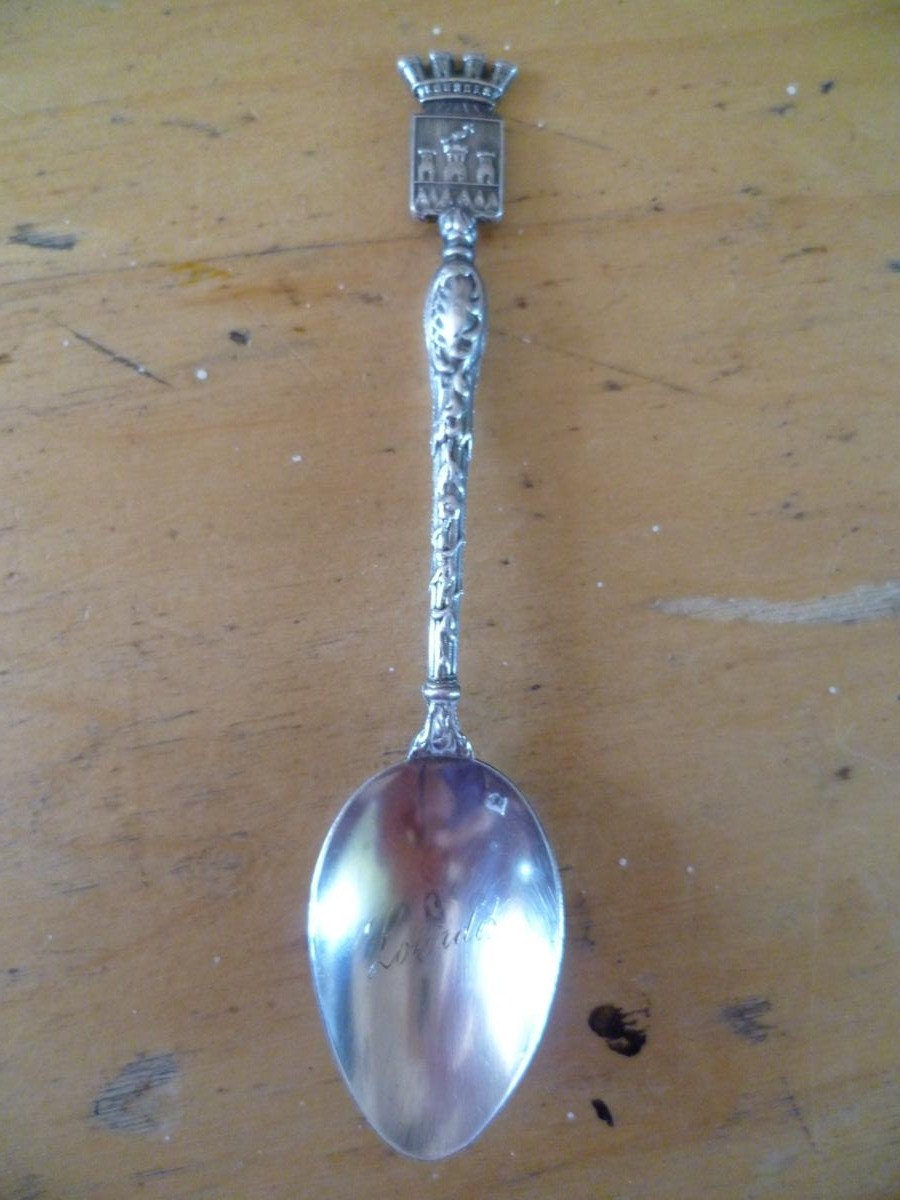 Lourdes Souvenir Spoon Fancy and Engraved With Crest and Shield Most Likely solid Silver