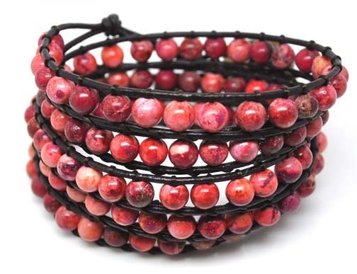 Pink Leather Wrap Bracelets natural stones