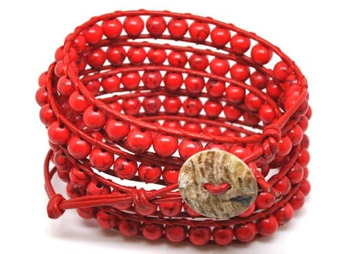 5X Red natural stones leather wrap bracelets