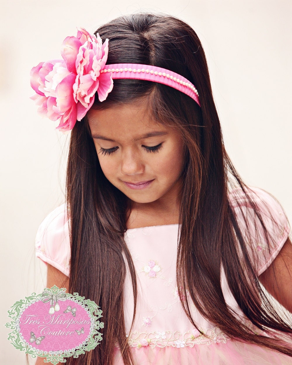 THE NATALIA-Beautiful Pink and Cream Peony Headband- Easter- Birthday- Bah Mitzvah-Special Occasion-Wedding- Pageant-Photo Shoot