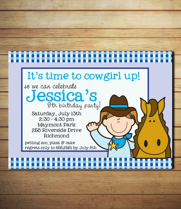 Personalized Cowgirl Horse Birthday Party Invite - Blue Gingham - Printable or We Can Print