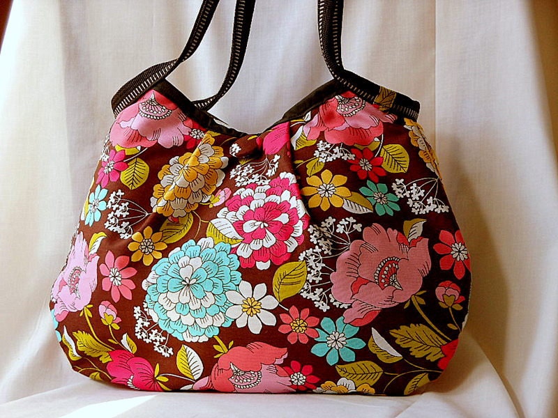 Floral Fabric Bag Purse Handbag Hobo Bag Brown Cotton Floral Fabric Medium Bag Brown Pink Blue Yellow Flowers In Stock