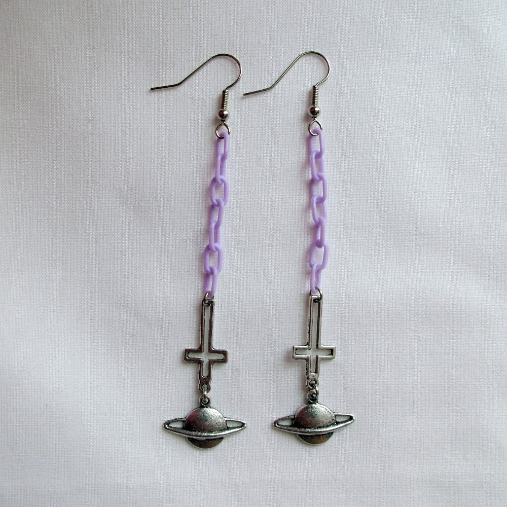 lilac inverted cross planet earrings