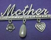 Rare Spoontiques JJ Jonette Jewelry signed Mother pin with heart, flower and faux pearl in pewter eco-friendly
