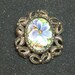 Hand painted signed floral interchangeable pendant brooch blue violet in copper setting cameo flower