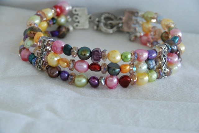 Colorful Fresh water Pearls with Crystals Three Strand Bracelet