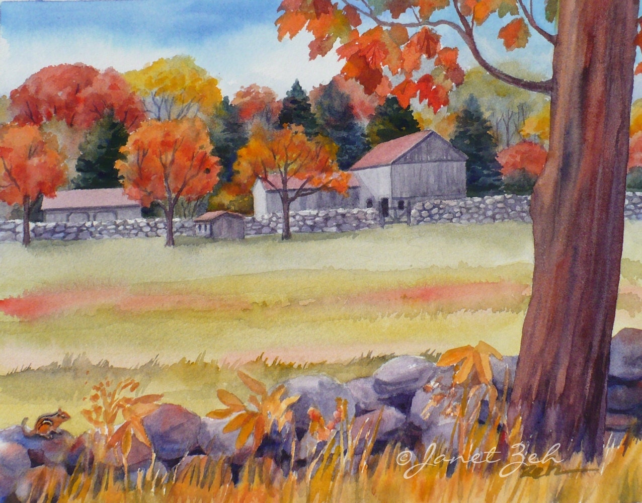 Farm Barn Original Watercolor Painting Autumn Fall 8x10 Janet Zeh