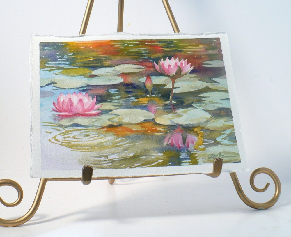 Hawaii Painting Water Lilies Original Watercolor Koi Pond 5x7 Janet Zeh