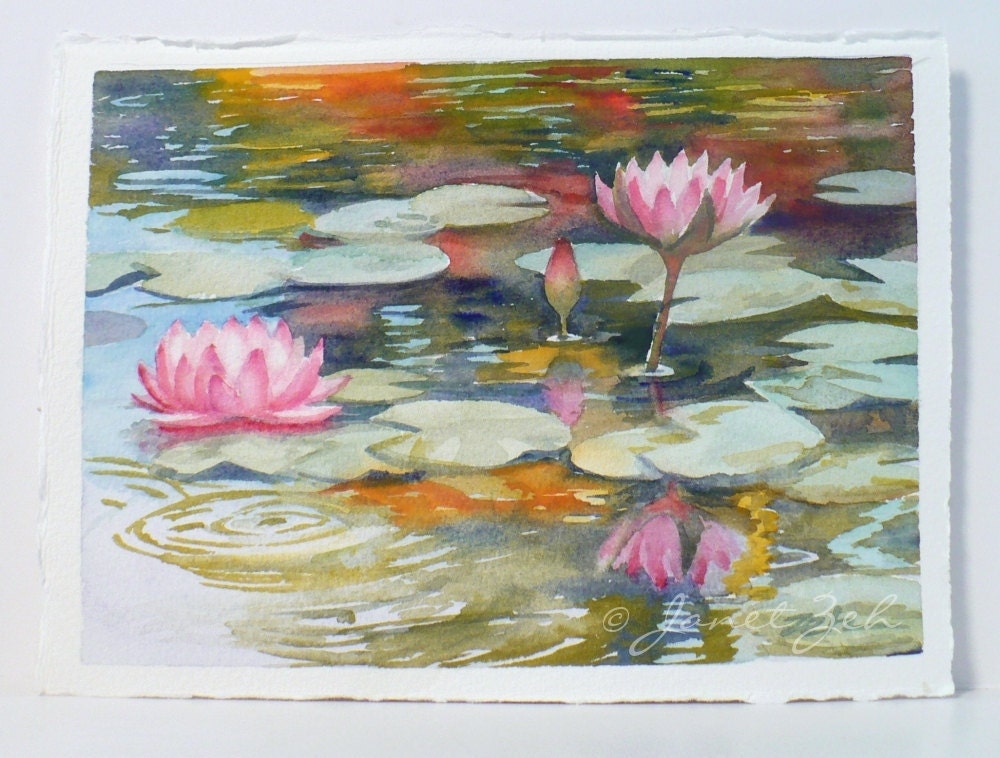 Hawaii Painting Water Lilies Original Watercolor Koi Pond 5x7 Janet Zeh