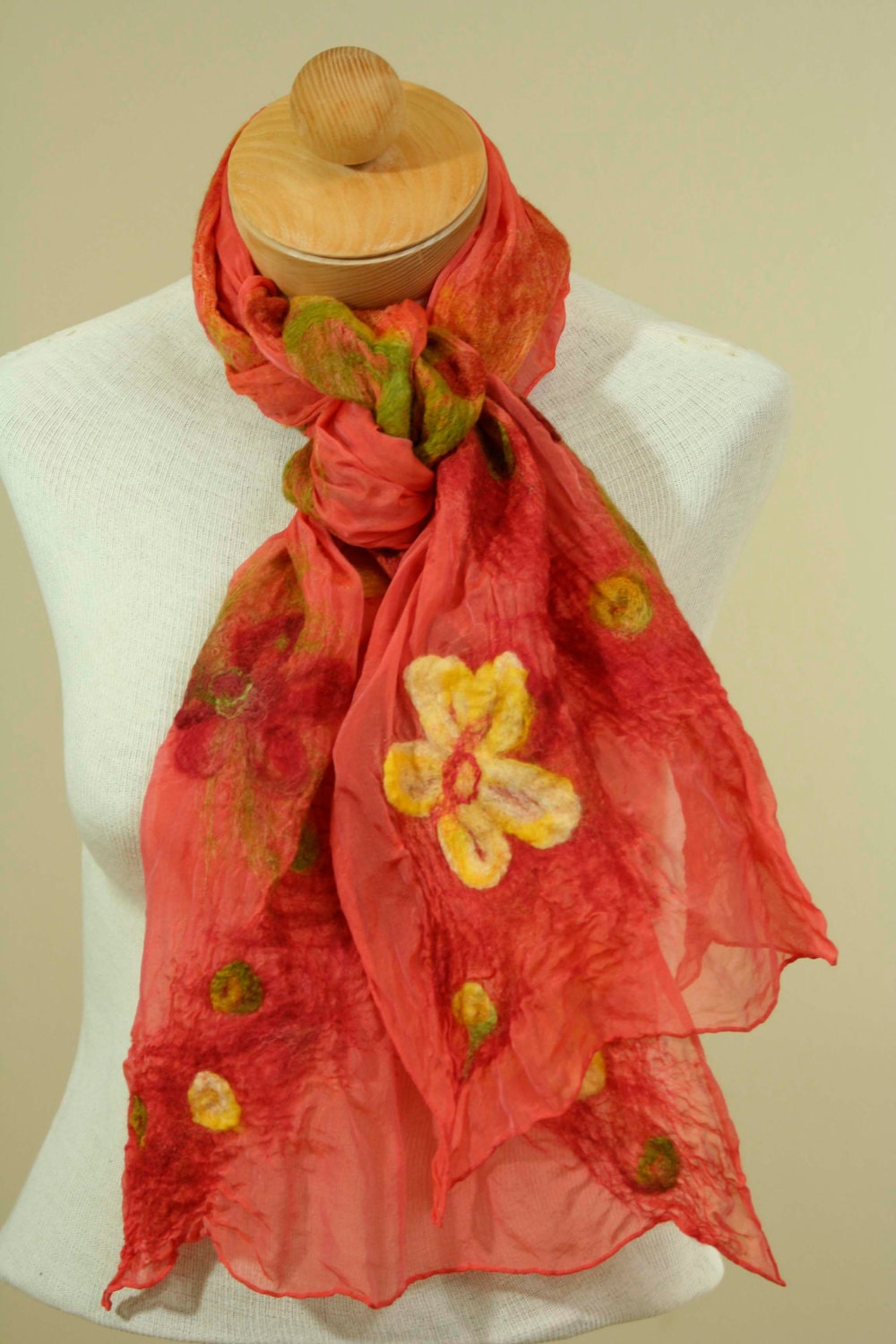 Vibrant Tangerine Tango Sheer Silk Chiffon Scarf Delicately Felted with Fine Merino Wool Flowers