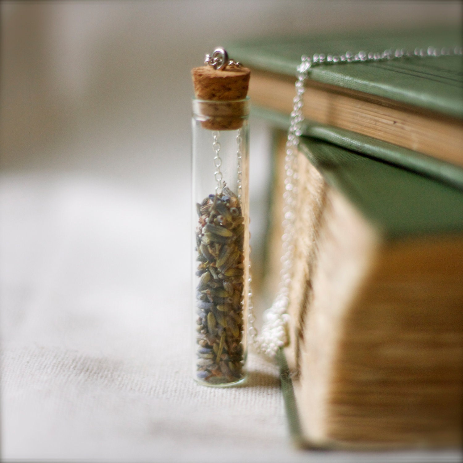 botanical vial necklace. preserved specimen corked top lavender buds. studiobotanica. botanist.