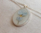 ON SALE pressed flower necklace light pale blue botanical Pendant with Handmade Paper - resin jewelry spring summer garden mothers day