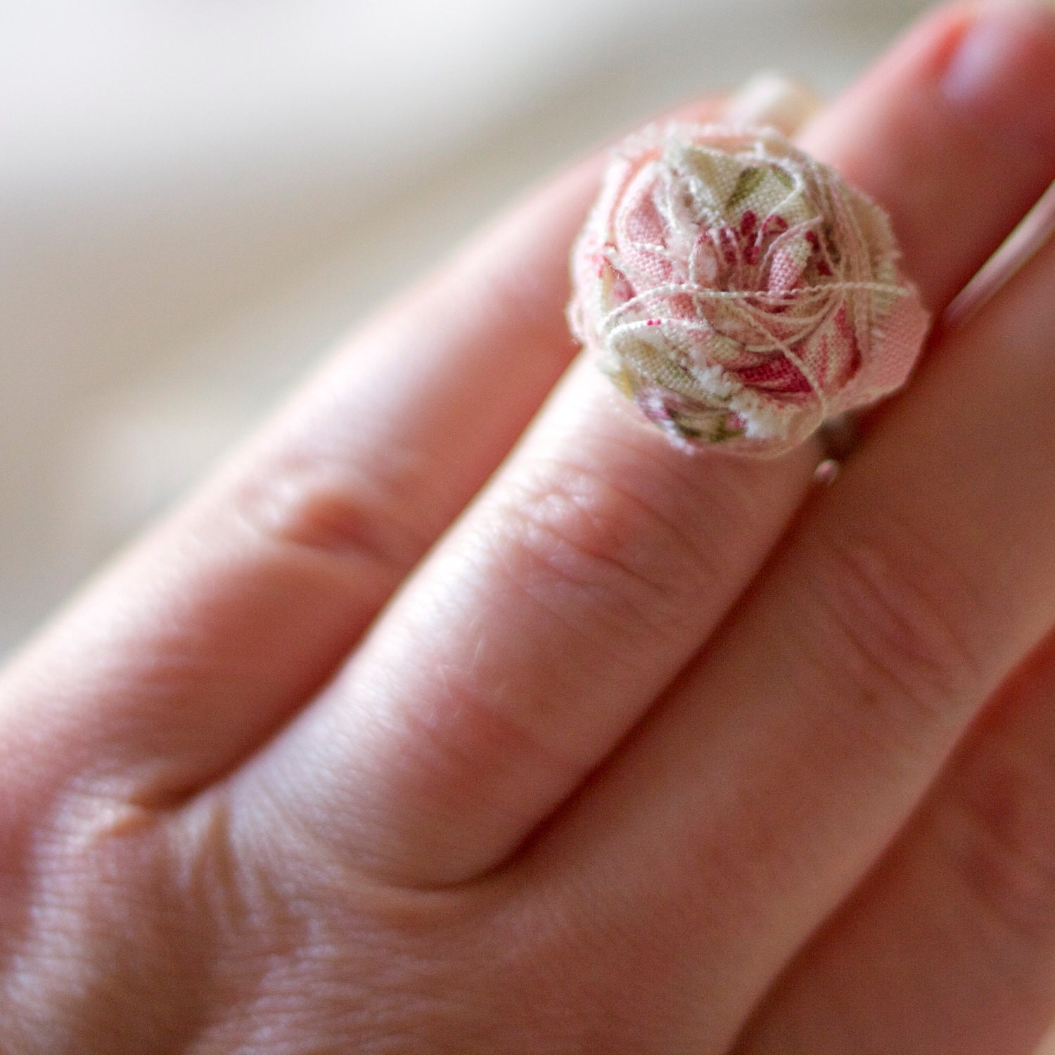rosette fabric ring rolled rose fabric. fabric flower. rose garden tea party - adjustable silver base - shabby chic and charming
