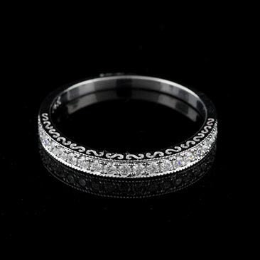 Diamond Bead Set Milgrain Antique Style Wedding Ring 14K White Gold