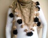 Camel Brown Scarf  Golden Sparkled Women Shawl Cowl with Lace Edge Flowers and Fox Furs