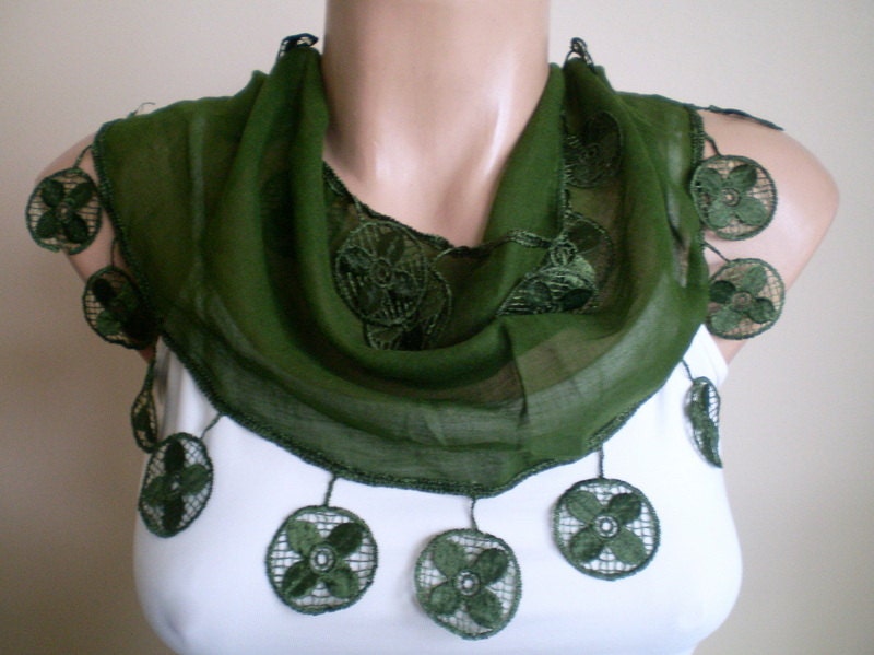 Moss Green Scarf Cotton Scarf Cowl with Lace Edge Women Scarves Spring Fashion