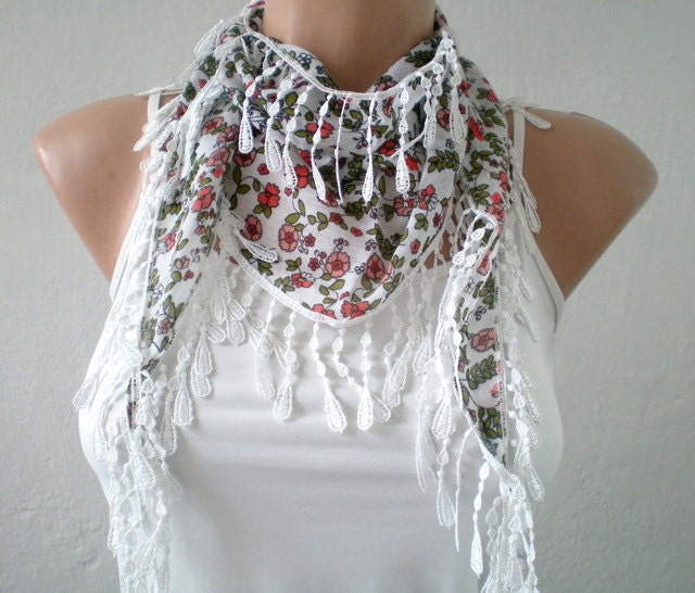 Floral White Summer Scarf Cotton  Scarf Lightweight Yemeni Scarflette Fringed