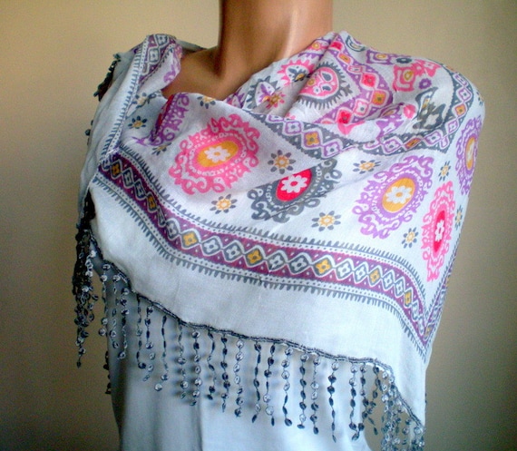 Women Cotton Floral Scarf in Gray Pink Purple Multicolor Frilly Shawl Scarflette Spring Fashion