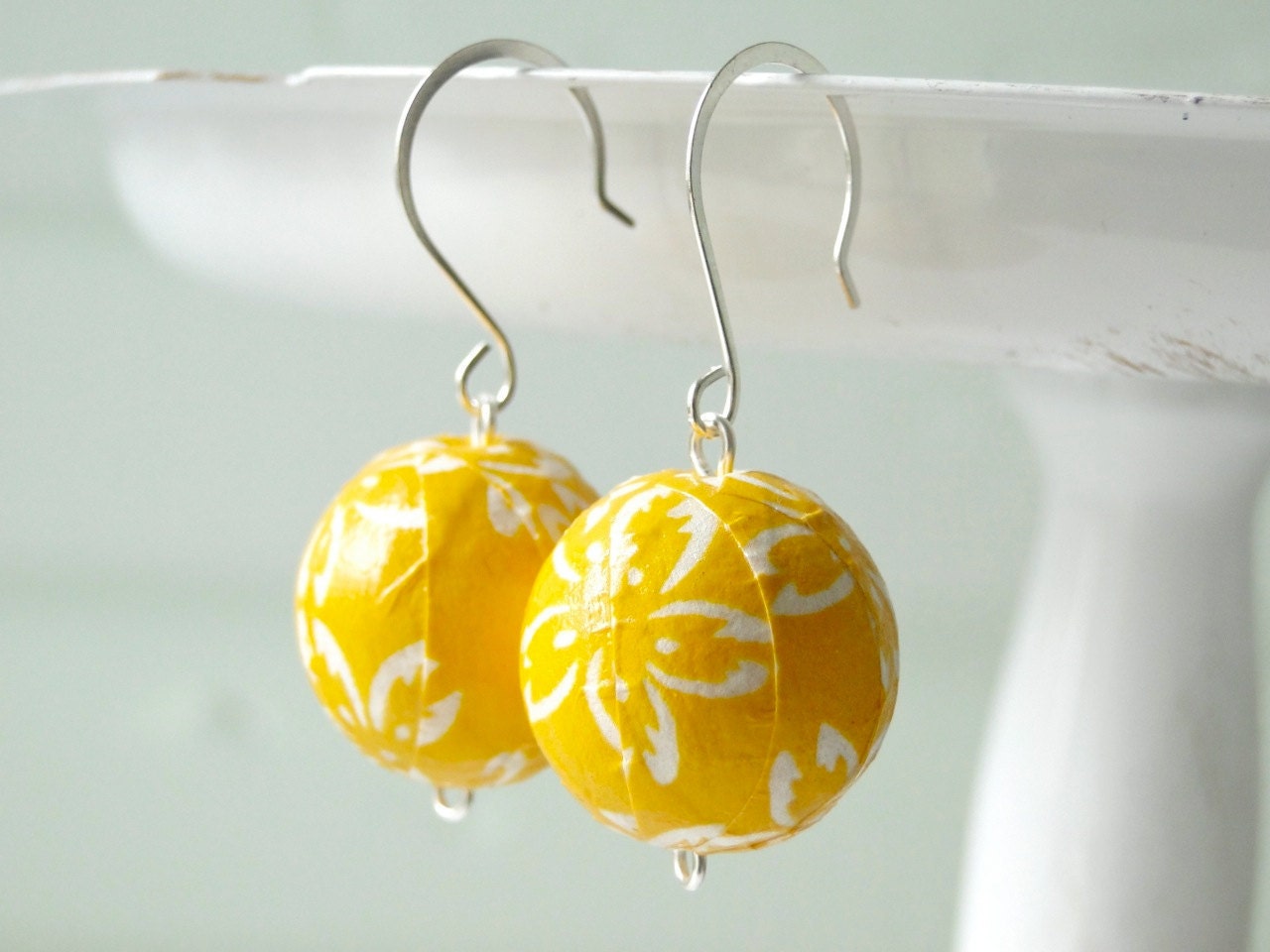 Yellow Earrings, Spring birthday, Japanese Chiyogami Paper, Handmade Beads, gift under 20, Citrus Earrings