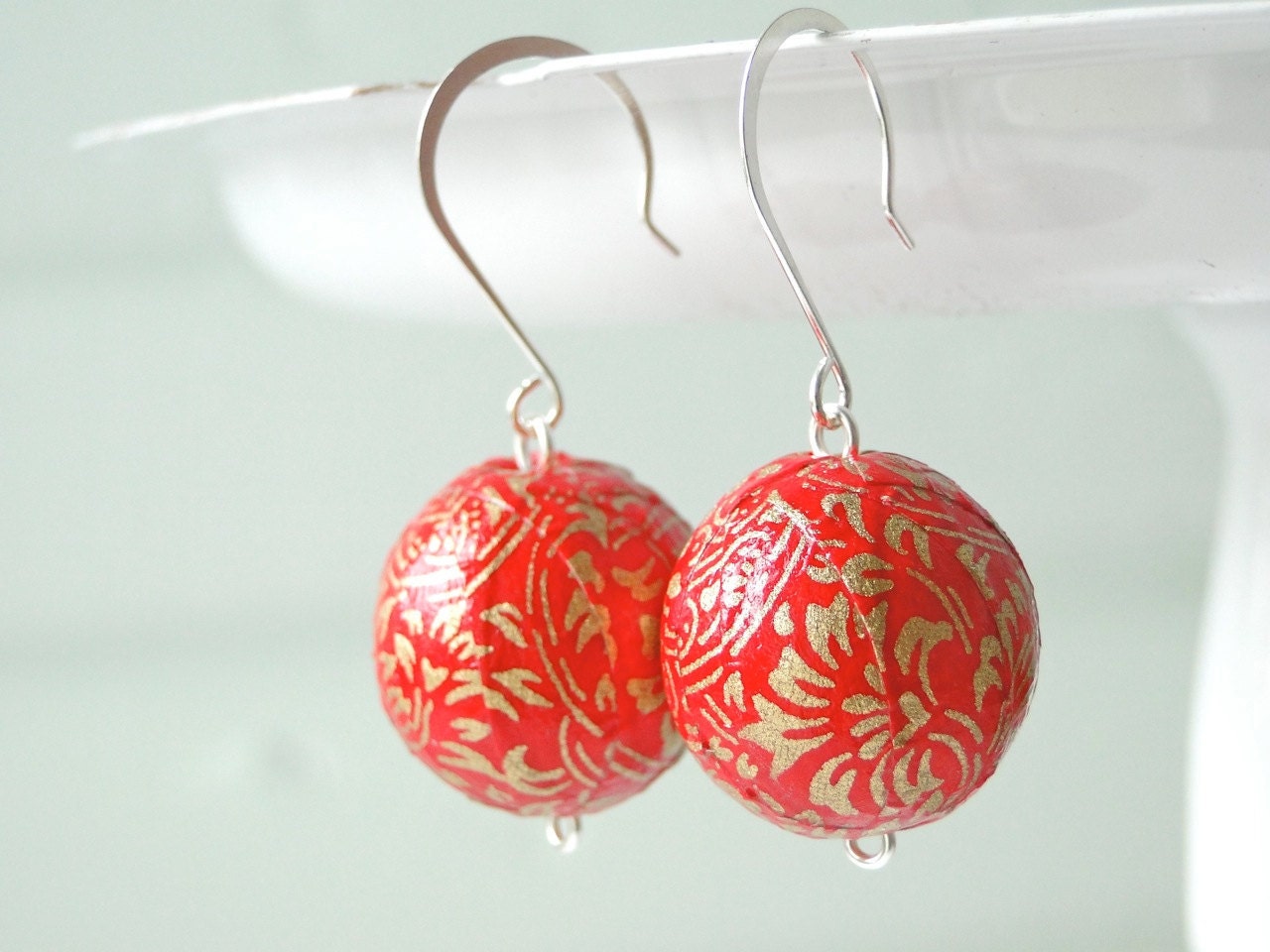 Red Earrings, Chiyogami Earrings, Handmade Beads, Japanese earrings, Asian jewelry, Christmas gift, gift under 20 - PrettyKiku