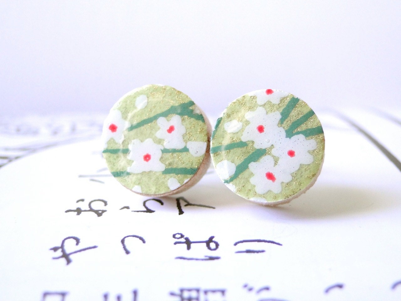 Lime Stud Earrings Spring, Green Stud Earrings, Japanese Chiyogami Paper, tiny flowers , Mother's day , wooden studs