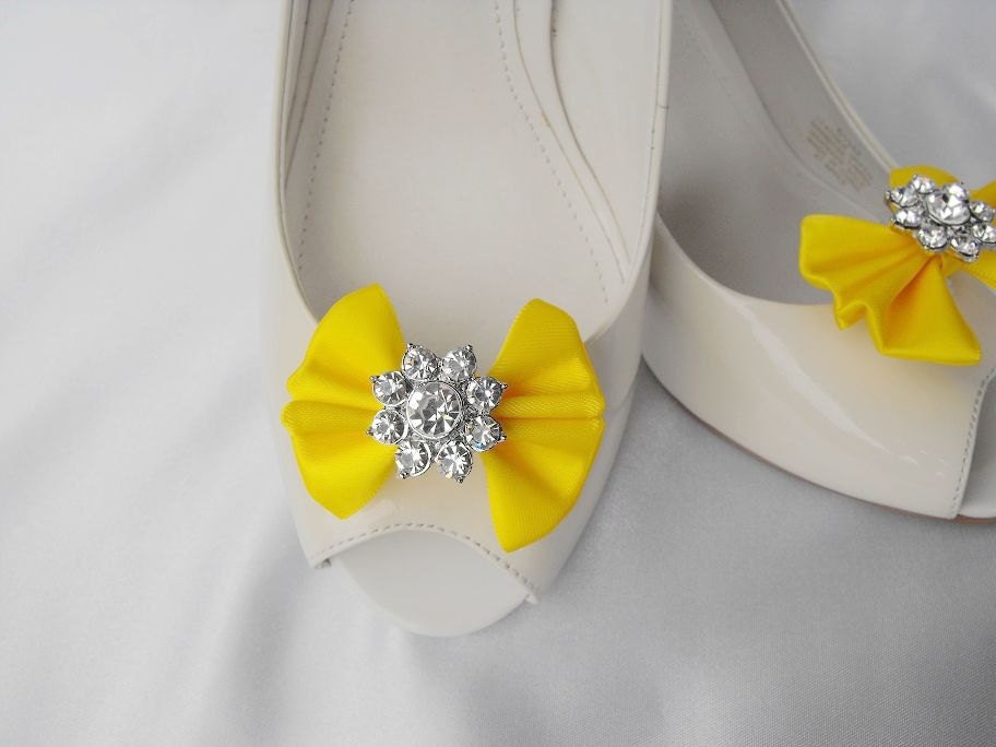 Handmade bow shoe clips with rhinestone center bridal shoe clips wedding accessories in bright yellow