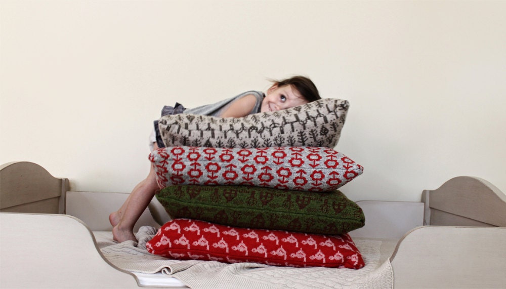Pillow - Little Trees, large soft knitted pillow - ecru, brown 24x24, includes insert