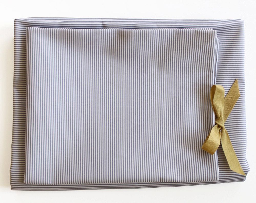 ORGANIC Toddler Bedding set - white and grey stripe, chartreuse ribbon