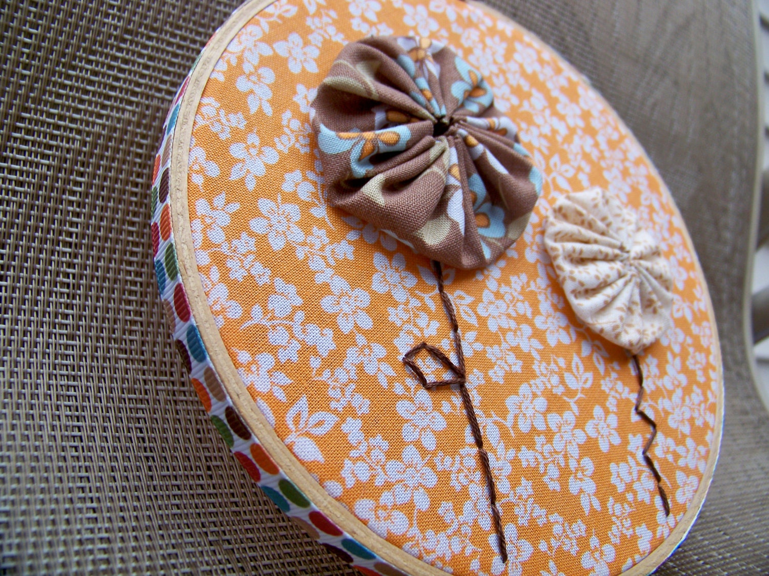 Embroidery Hoop Art home decor brown beige orange flowers 6 inch hoop
