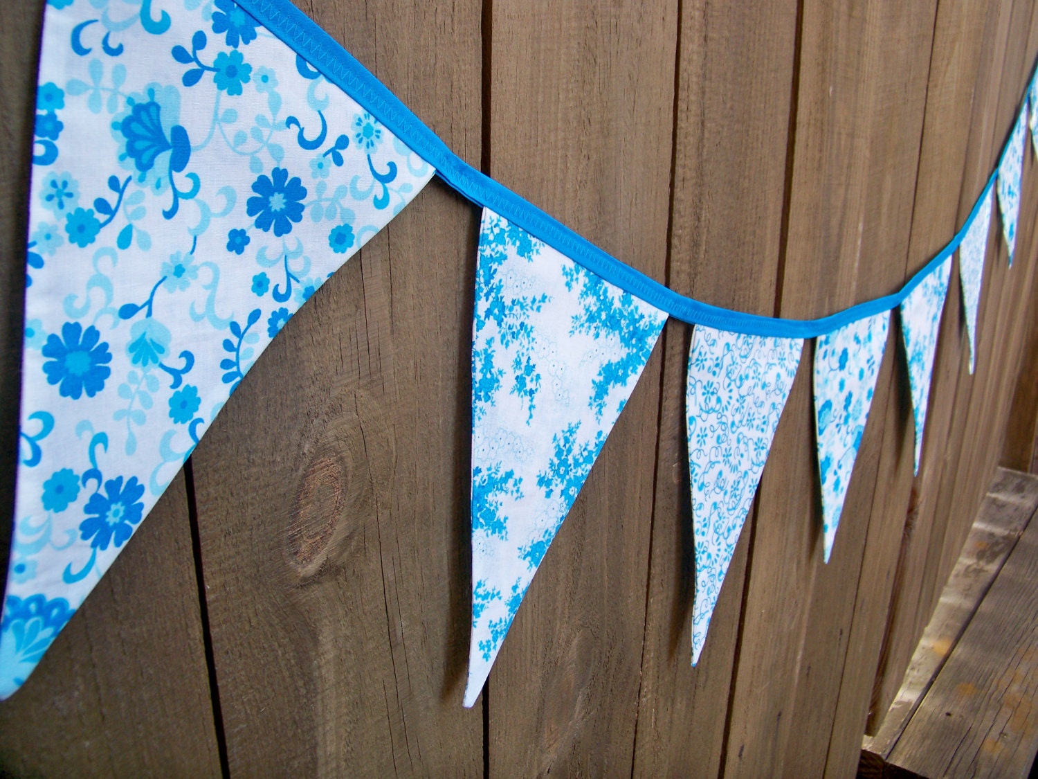 ReUsable Fabric Flag Bunting Banner in white and teal turquoise blues