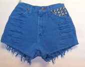 Vintage High Waisted Wrangler Teal Blue Denim Shorts with studs Waist  23.5 inches  XS