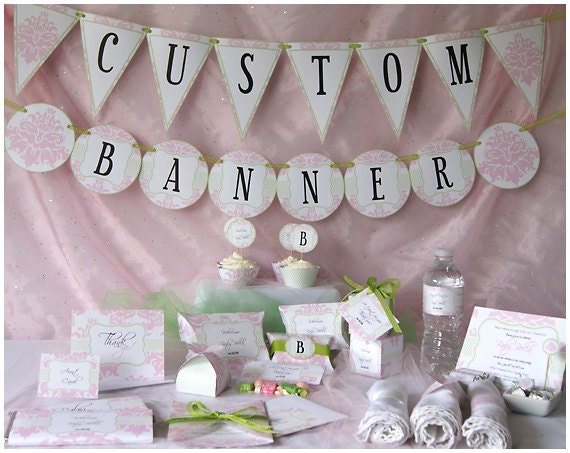 Pink Damask Baby Shower  - Baby Girl Pink and Green  - Party Printables - Complete Set w. BONUS GAMES - DIY Party Supplies and Decorations