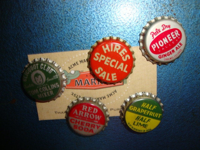 Upcycled VINTAGE BOTTLE Cap MAGNETS Set of 5 Soda Pop Hires Tom Collins Cherry Cola