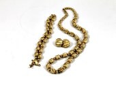 Vintage Monet necklace bracelet earring set, parure gold tone brushed matte