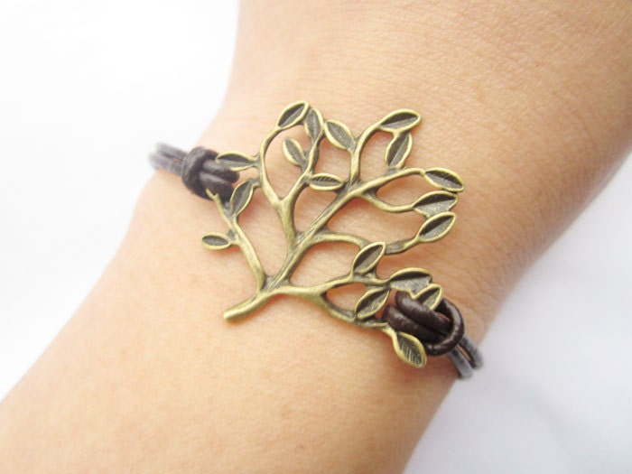 Bracelet---antique bronze tree&brown leather chain