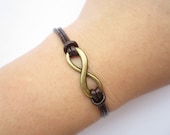 infinity Bracelet---antique bronze little karma bracelet---infinity wish & brown leather chain