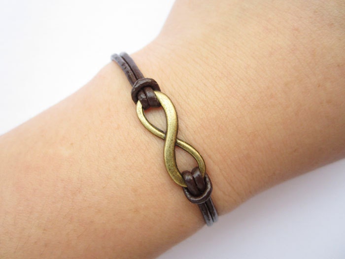 infinity Bracelet---antique bronze little karma bracelet---infinity wish & brown leather chain